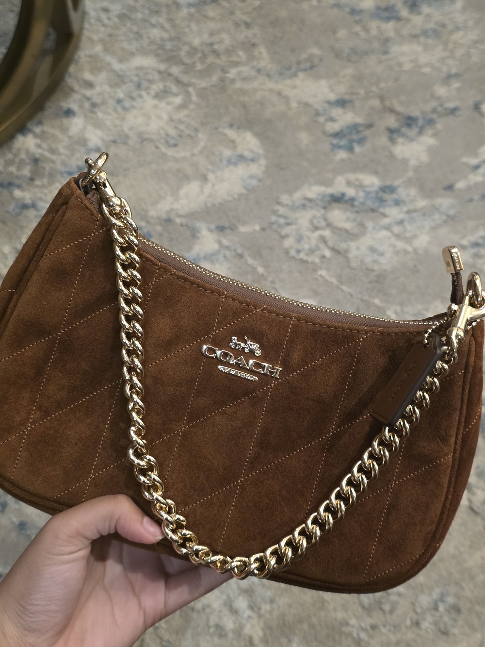 Coach Brown Quilted Suede Shoulder Bag with Gold Chain